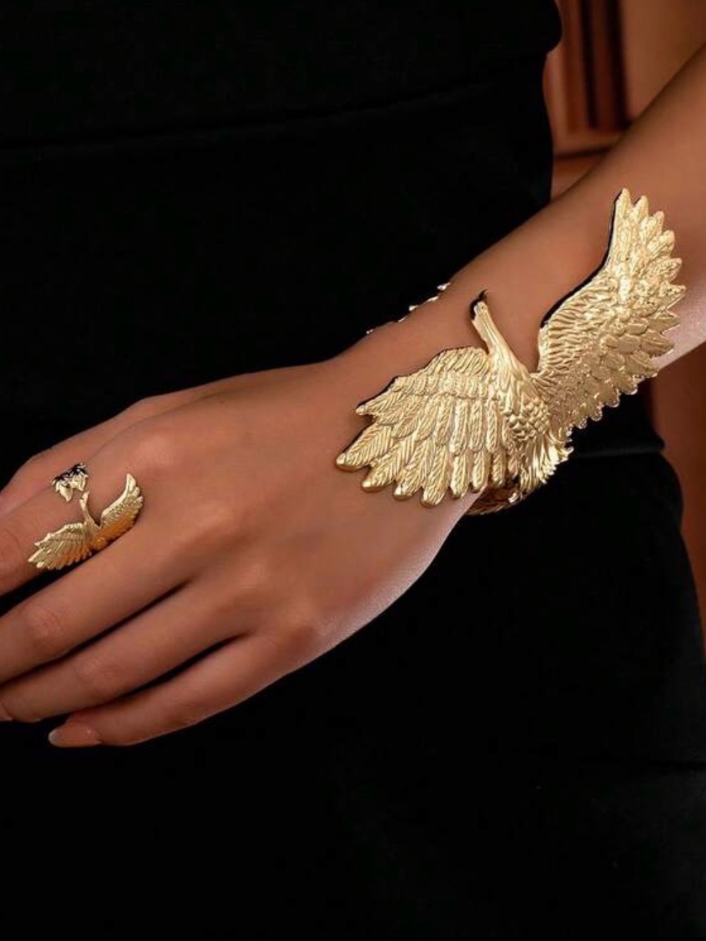 Anthropologie Gold Swan Wing Cuff Bracelet and Matching Ring